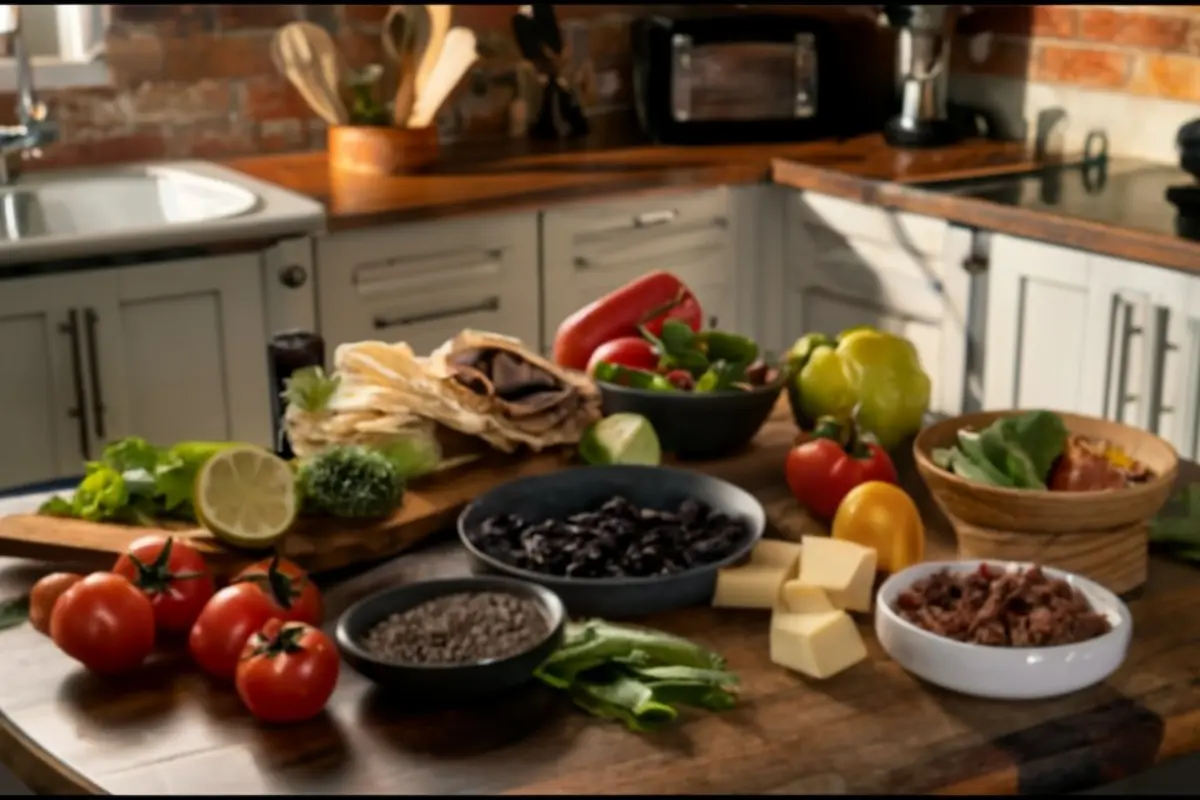 Ingredients for Black Bean Crunchwrap Supreme arranged on a kitchen counter.