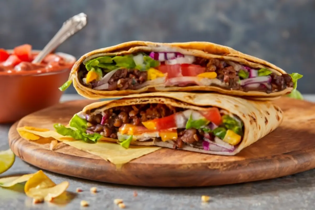 Freshly prepared Black Bean Crunchwrap Supreme on a wooden table.