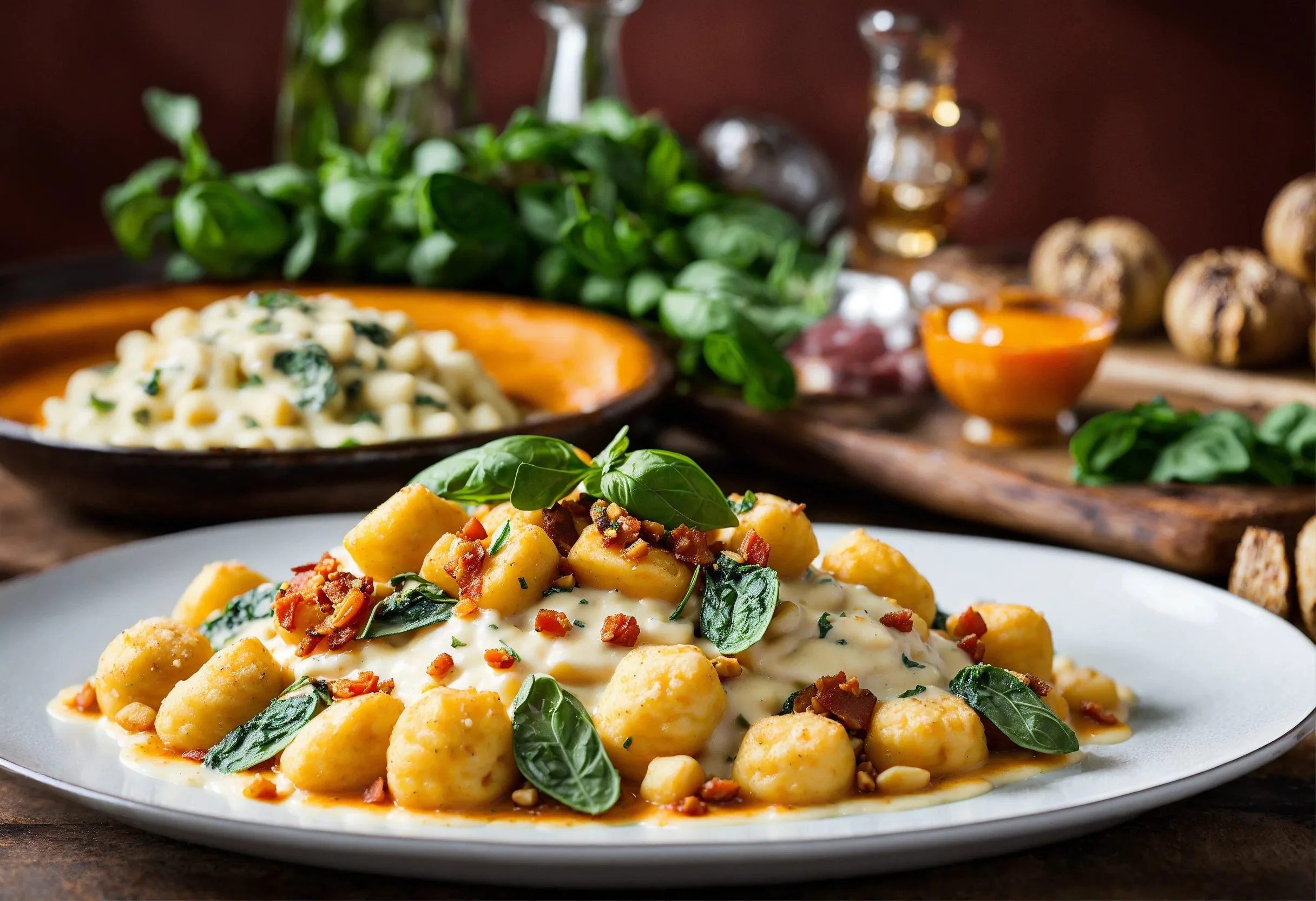 A variety of gnocchi dishes with different pairings on a beautifully set table.