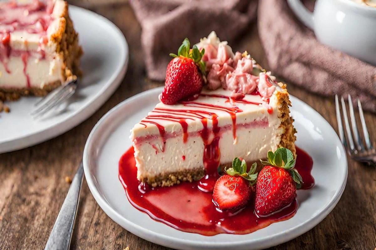 Plated slice of Strawberry Crunch Cheesecake with strawberry sauce.