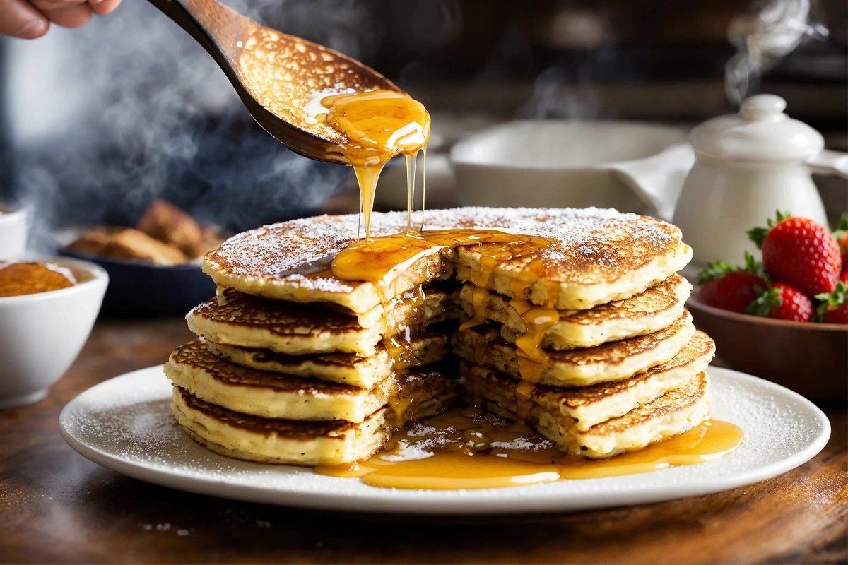 Chef flipping French Toast Pancakes on a griddle.