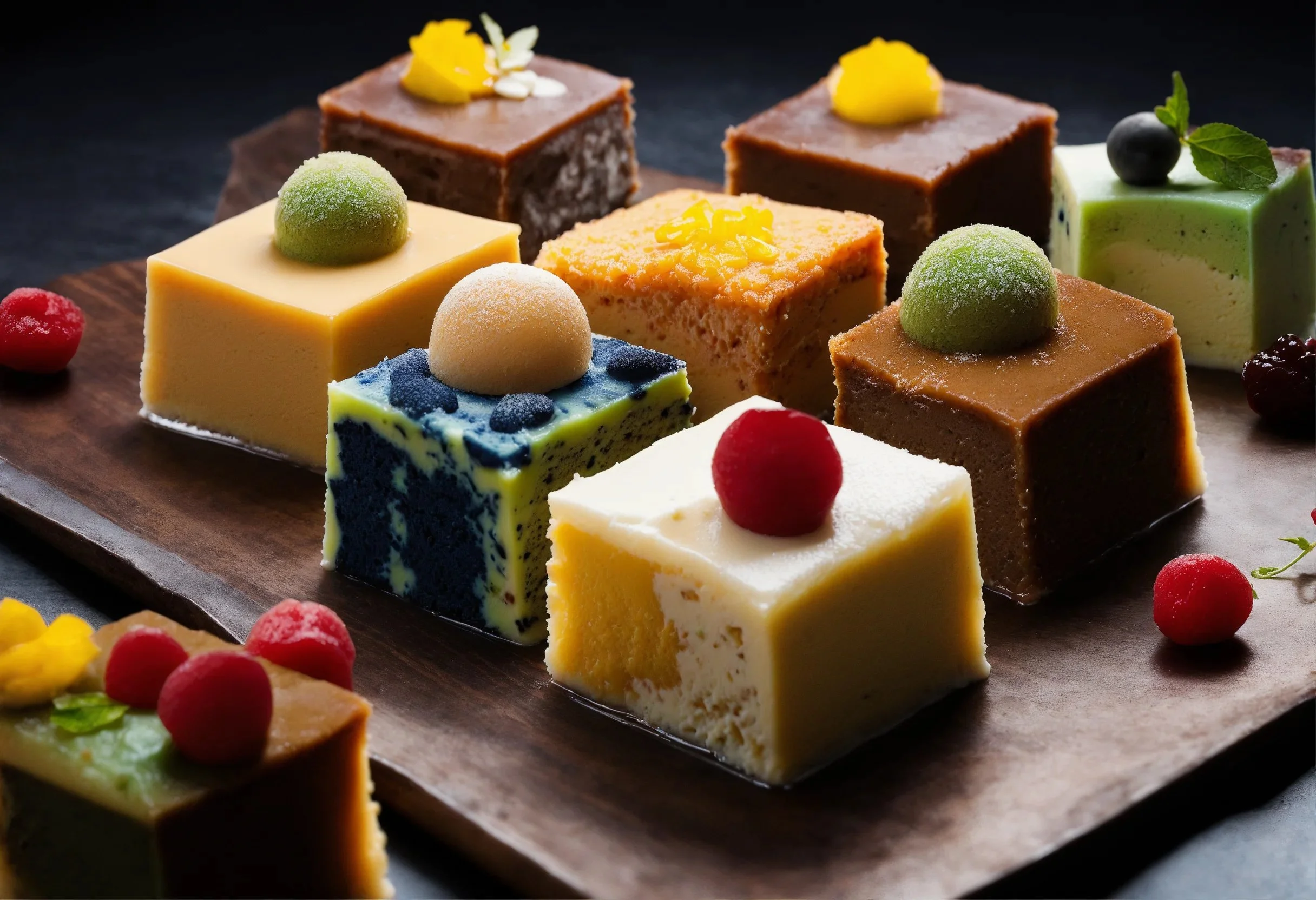 Montage of culturally diverse frozen cakes, including Japanese mochi and Italian semifreddo.