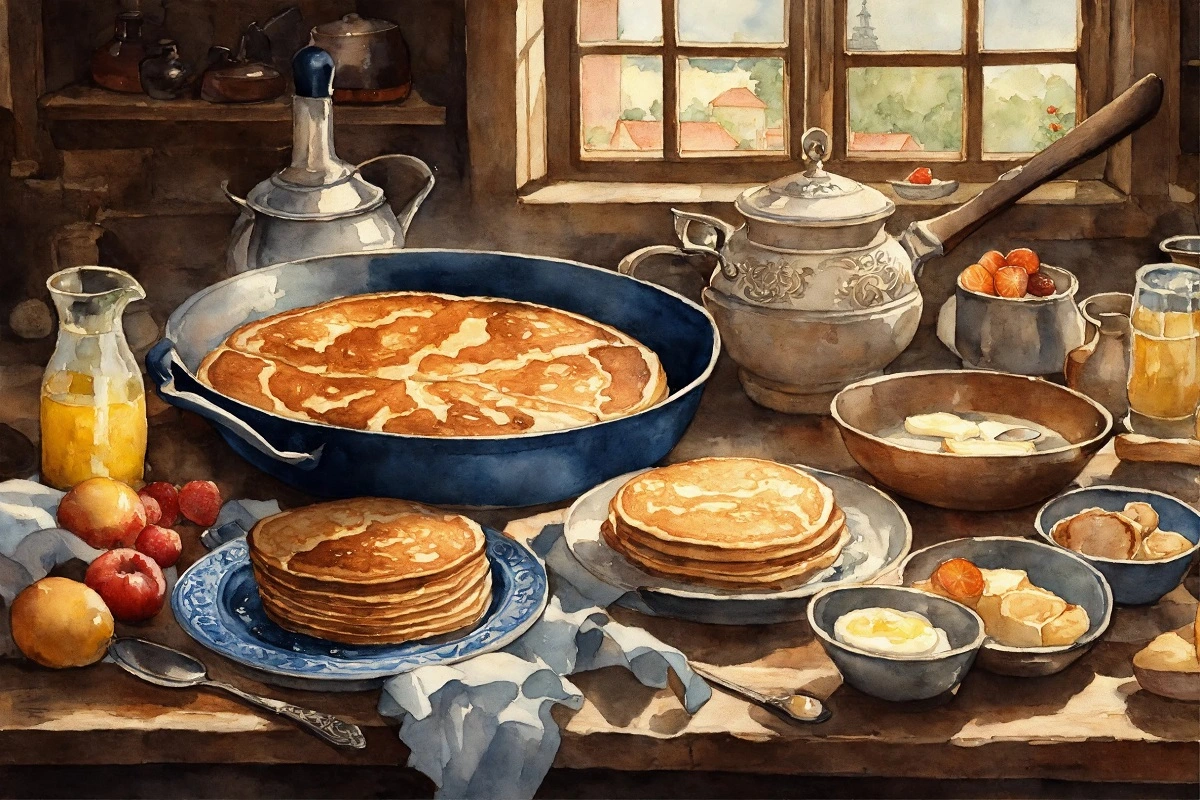 Antique illustration showing the history of French toast and pancakes.