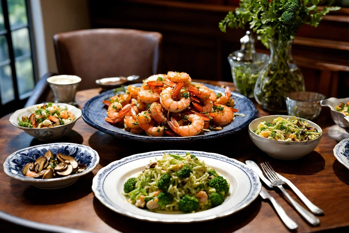 Elegant dining table with boiled shrimp dishes paired with sides and sauces.