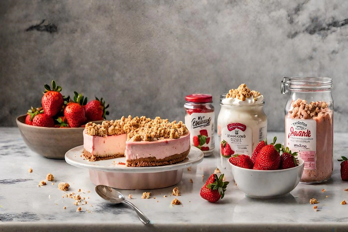 Fresh strawberries, cream cheese, and cookie crumbles for cheesecake.