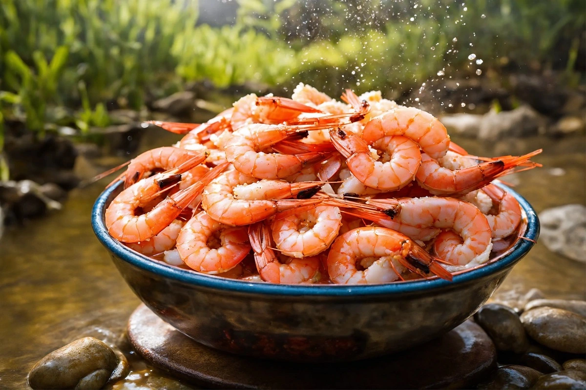 Boiled shrimp perfectly cooked to avoid overcooking, presented in a clear glass bowl with lemon and rosemary accents, highlighting the method of boiling shrimp.