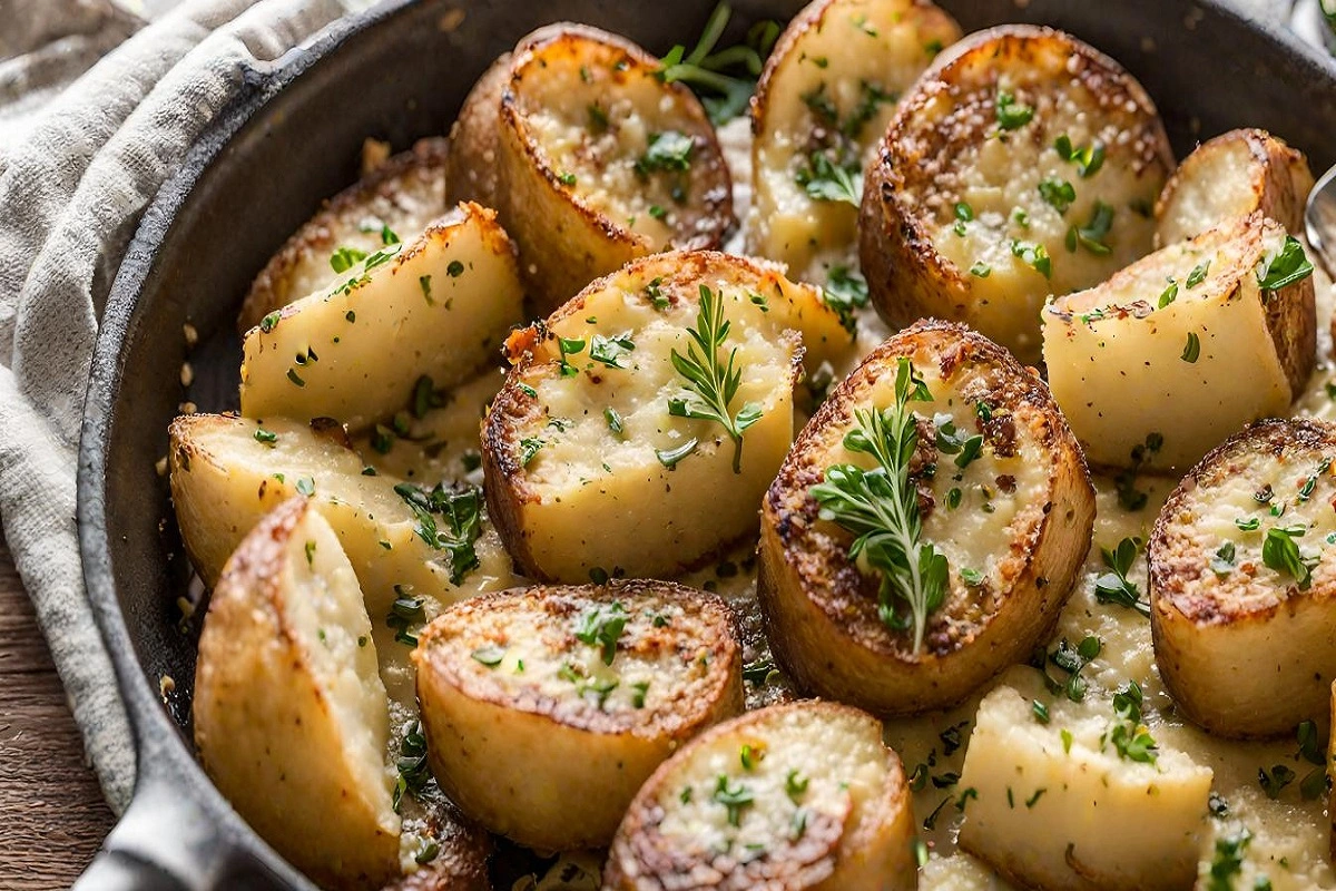 Featured image of Garlic Parmesan Potatoes in a cozy, gourmet kitchen setting.