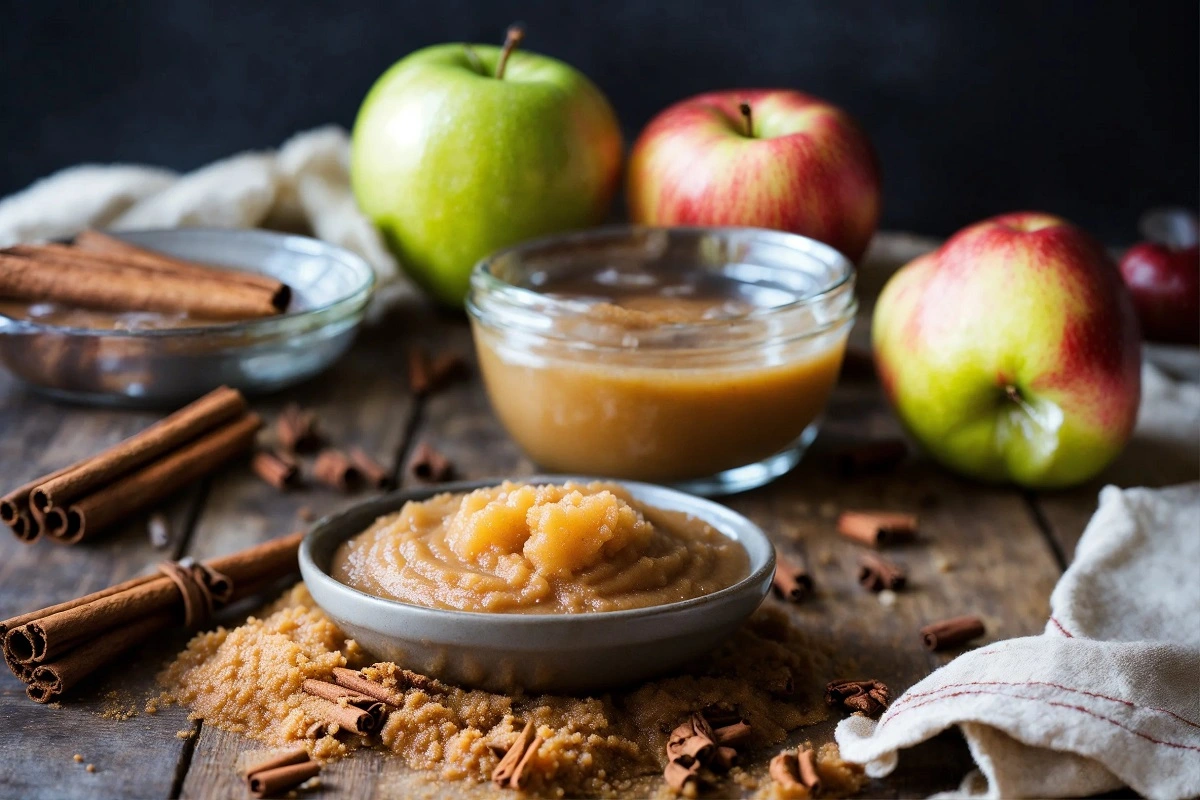 Freshly made apple sauce in a ceramic bowl, surrounded by cinnamon sticks, star anise, and fresh apples, on a wooden surface evoking a homemade essence.