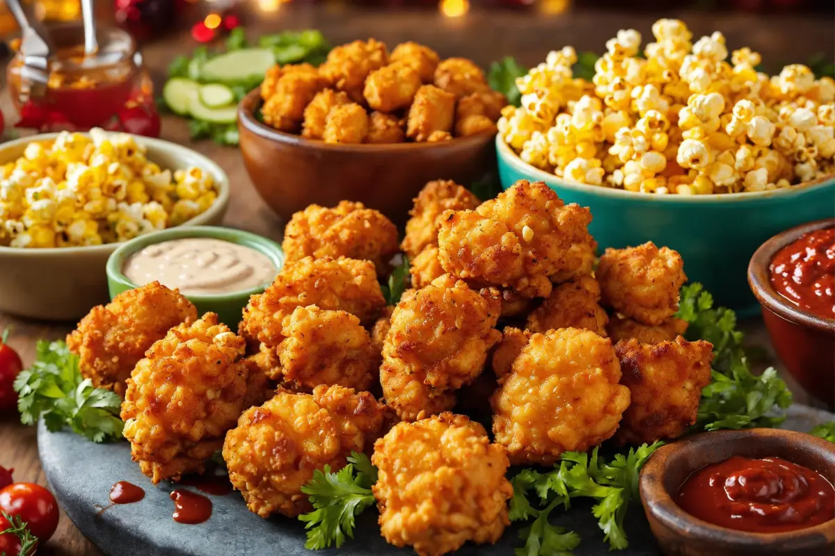 Creative serving of popcorn chicken with dips and garnishes.