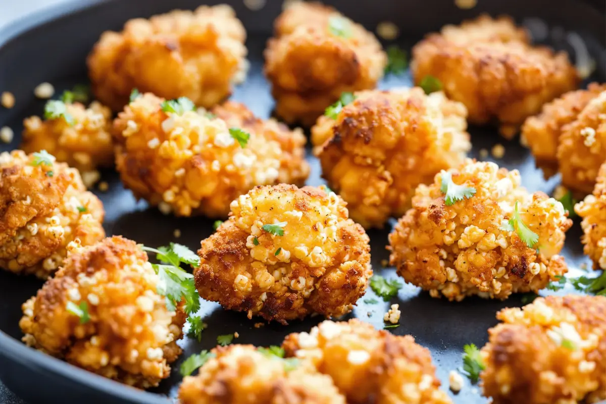 Different variations of air fryer popcorn chicken, including gluten-free and vegan.