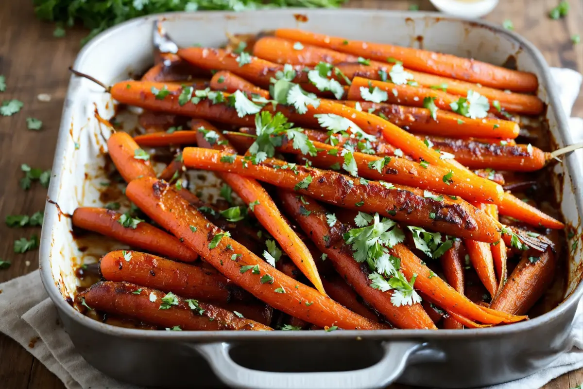 Plated baked buffalo carrots garnished with parsley, served with ranch dressing on a wooden table.