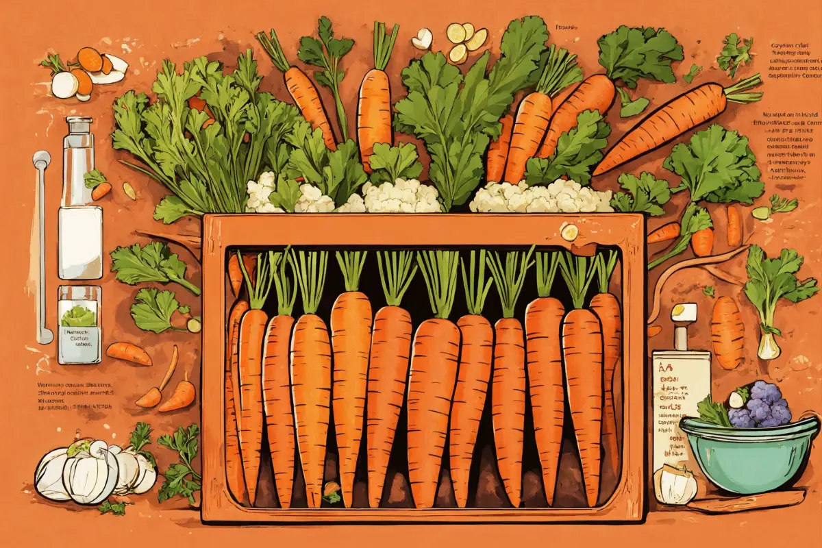  Fresh carrots with symbols of health benefits including vision and heart health.