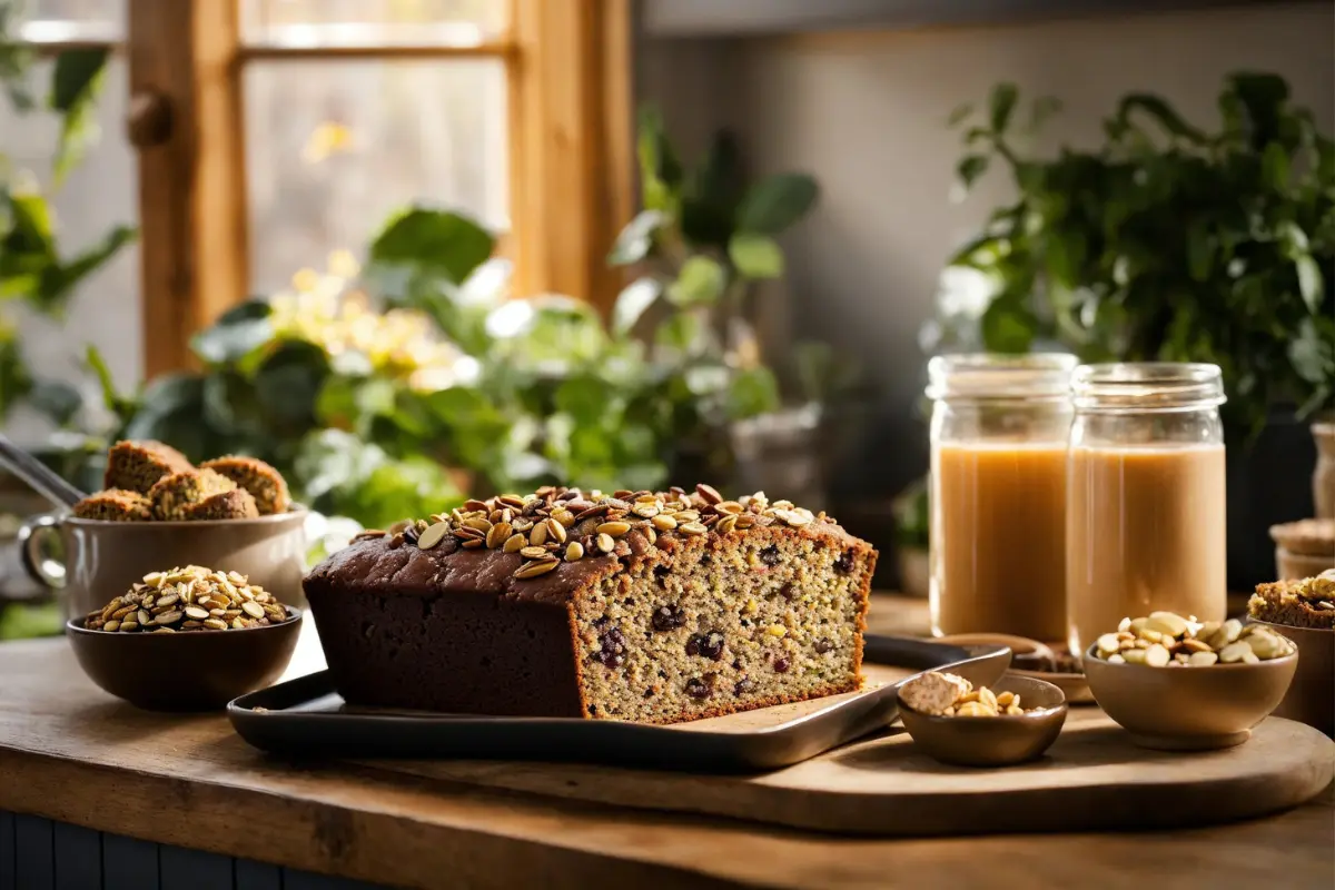 Freshly baked protein banana bread in a cozy kitchen setting.