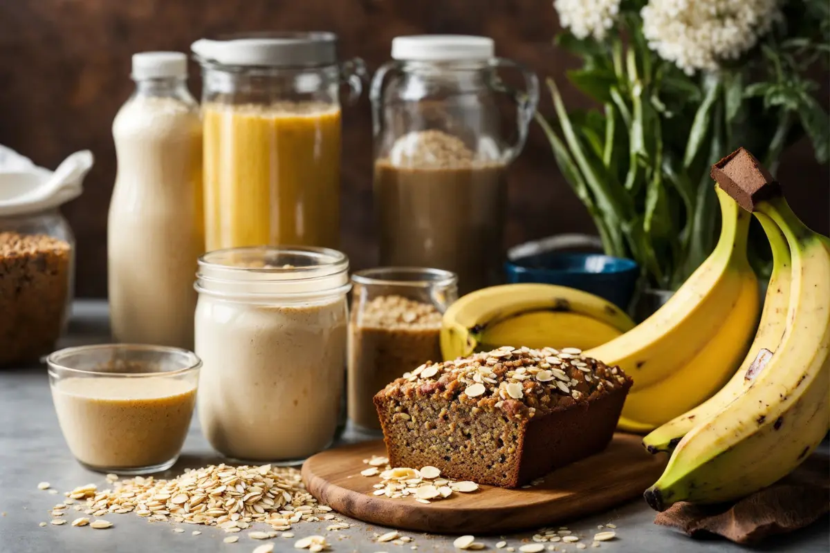  Ingredients for protein banana bread on a counter.