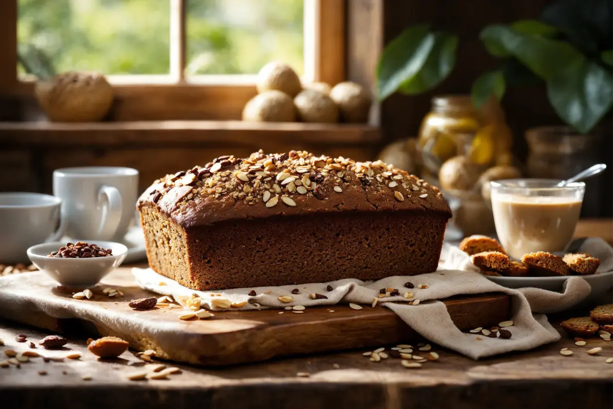 Vegan protein banana bread with nuts and seeds.