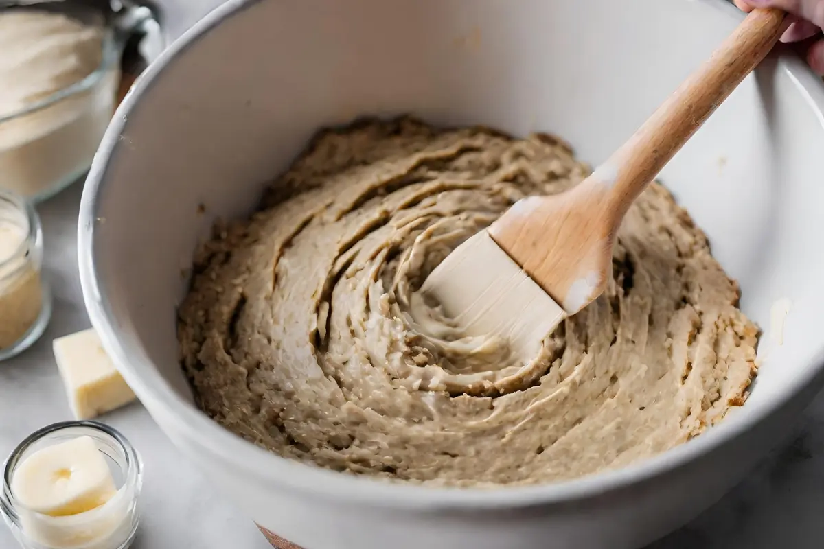 Hands mixing protein banana bread batter in a bowl.