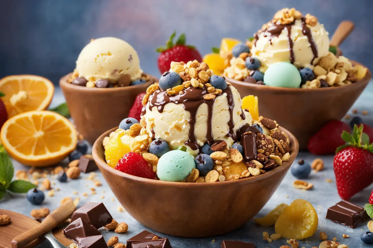 Assorted ice cream mix-ins surrounding a bowl of homemade ice cream.