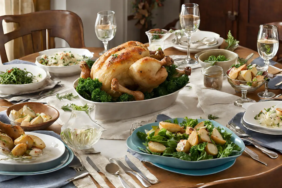 Festive dining table with Baked Garlic and Parmesan Potatoes and complementary dishes.