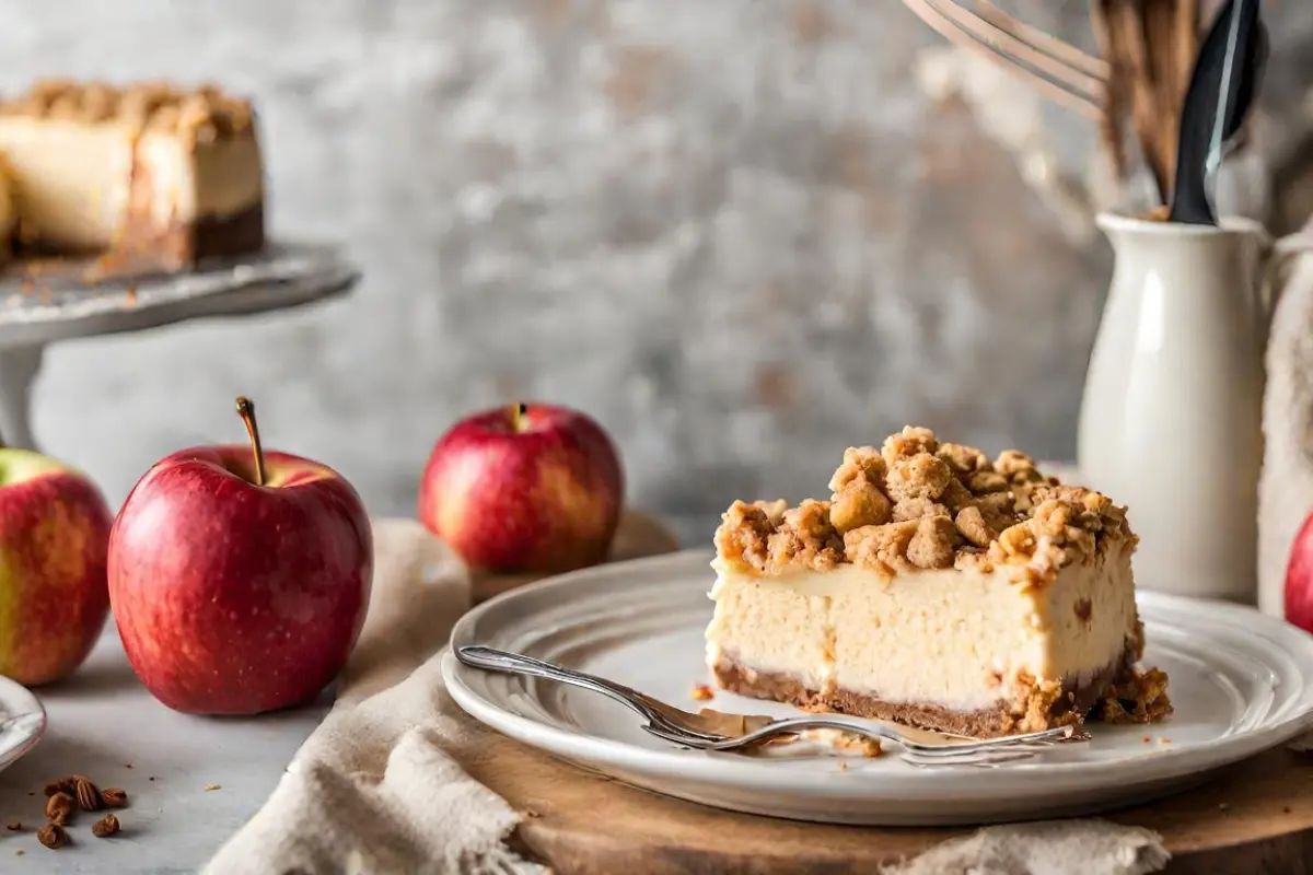 Beautiful apple crumble cheesecake with a slice being served in a cozy autumnal kitchen.