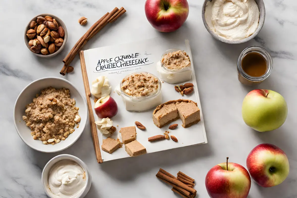 Variety of ingredients for apple crumble cheesecake arranged on a marble countertop.