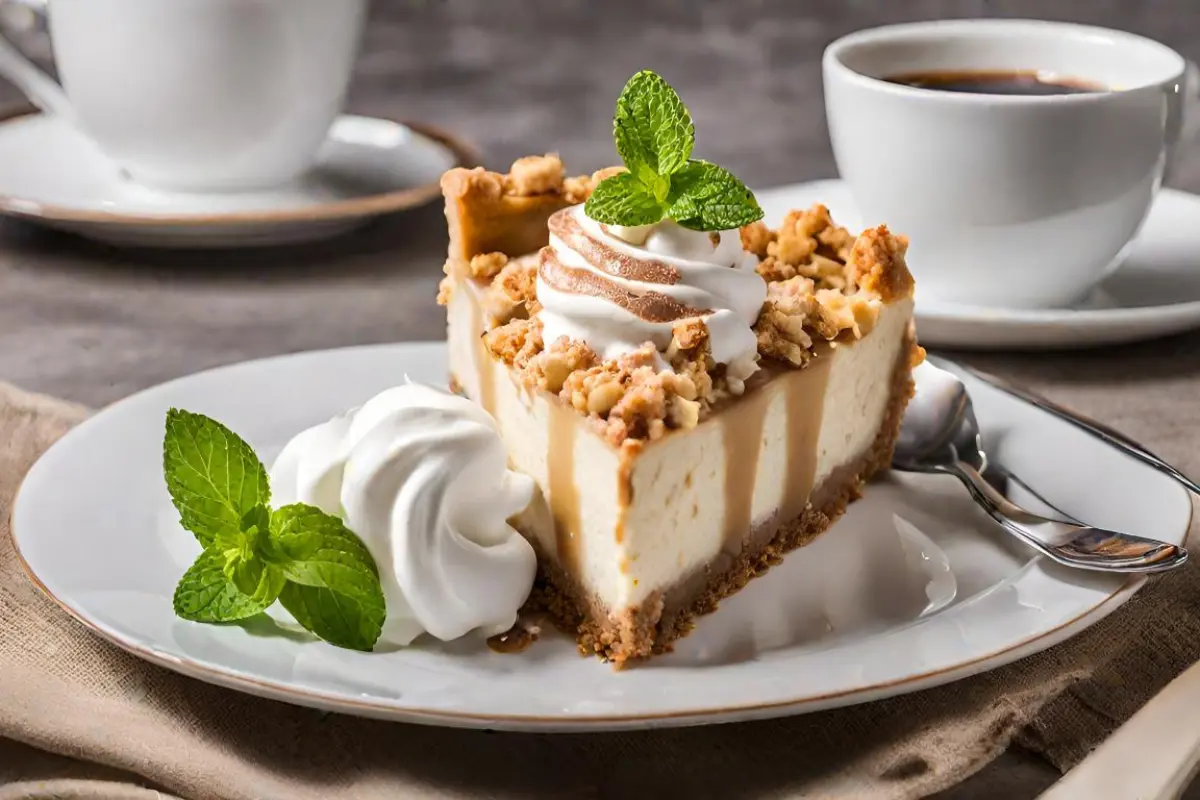 Elegantly plated apple crumble cheesecake slice with coffee on a decorated table.