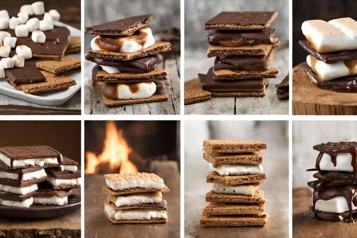 Close-up of golden-brown s'mores with gooey chocolate and marshmallows.