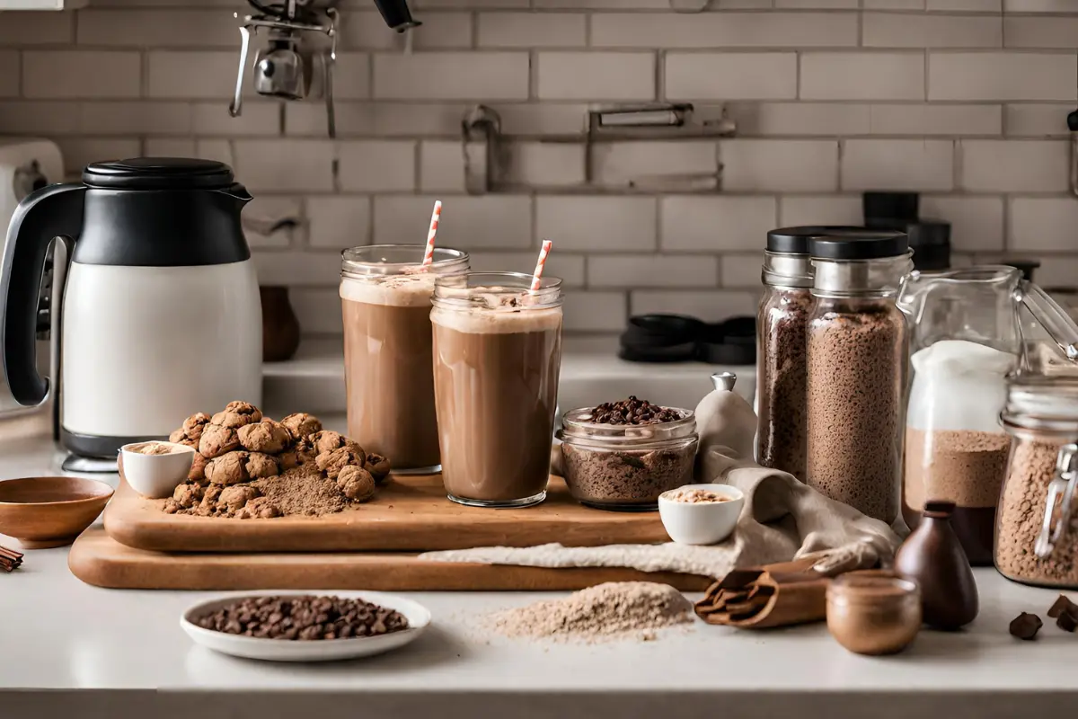 Ingredients for homemade Mocha Cookie Crumble Frappuccino in a kitchen.