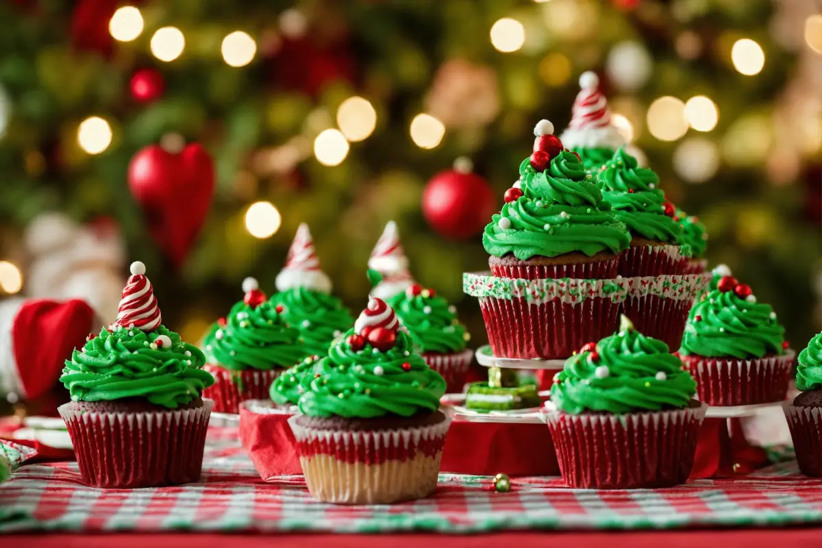 Whimsical Grinch cupcakes with green frosting on a holiday-decorated table.