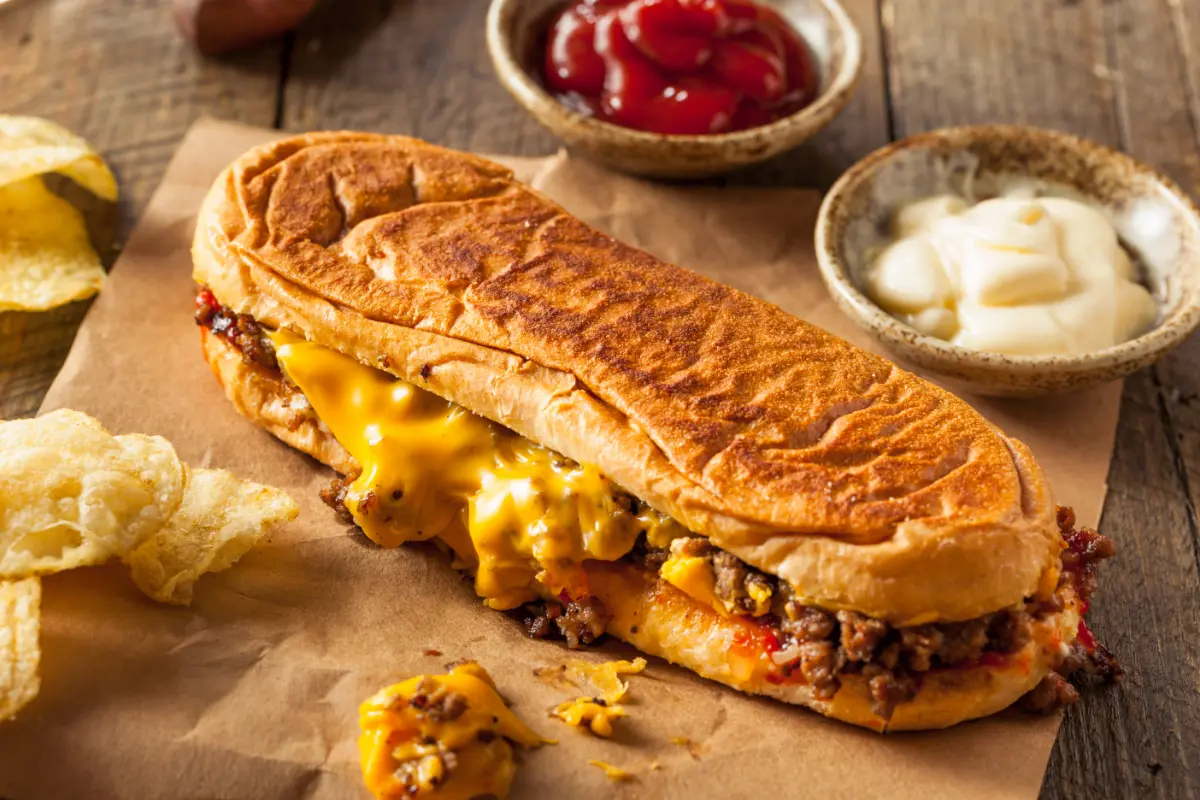 A toasted hoagie roll overflowing with the classic chopped cheese mixture, accompanied by sides and set on a wooden backdrop.