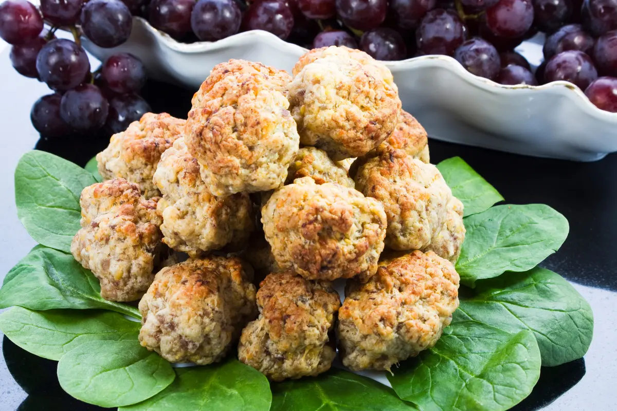 A culinary fusion represented by Red Lobster sausage balls, served on spinach with a backdrop of fresh grapes, celebrating a blend of flavors.