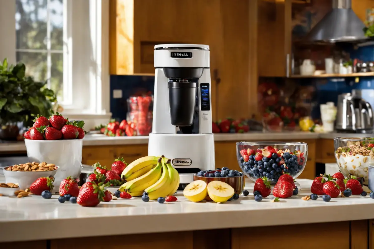 Happy individual making ice cream with Ninja Creami surrounded by fresh ingredients in a bright kitchen.