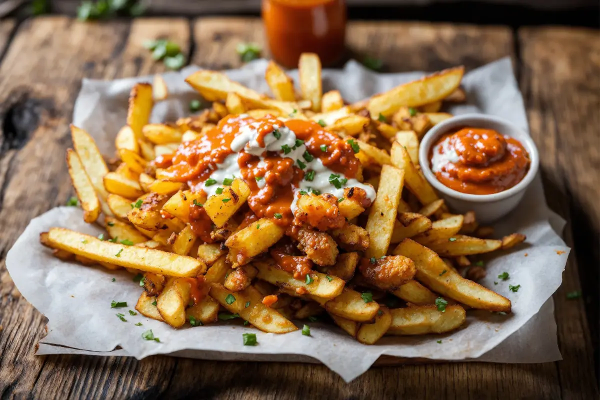 Appetizing serving of buffalo ranch fries on a wooden table.