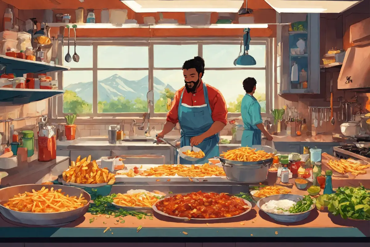  Illustration of buffalo ranch fries being prepared in a kitchen.