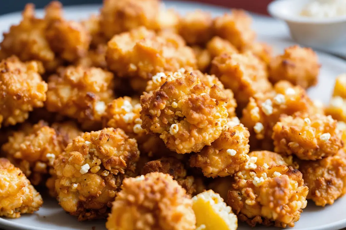 Crispy golden-brown air fryer popcorn chicken.