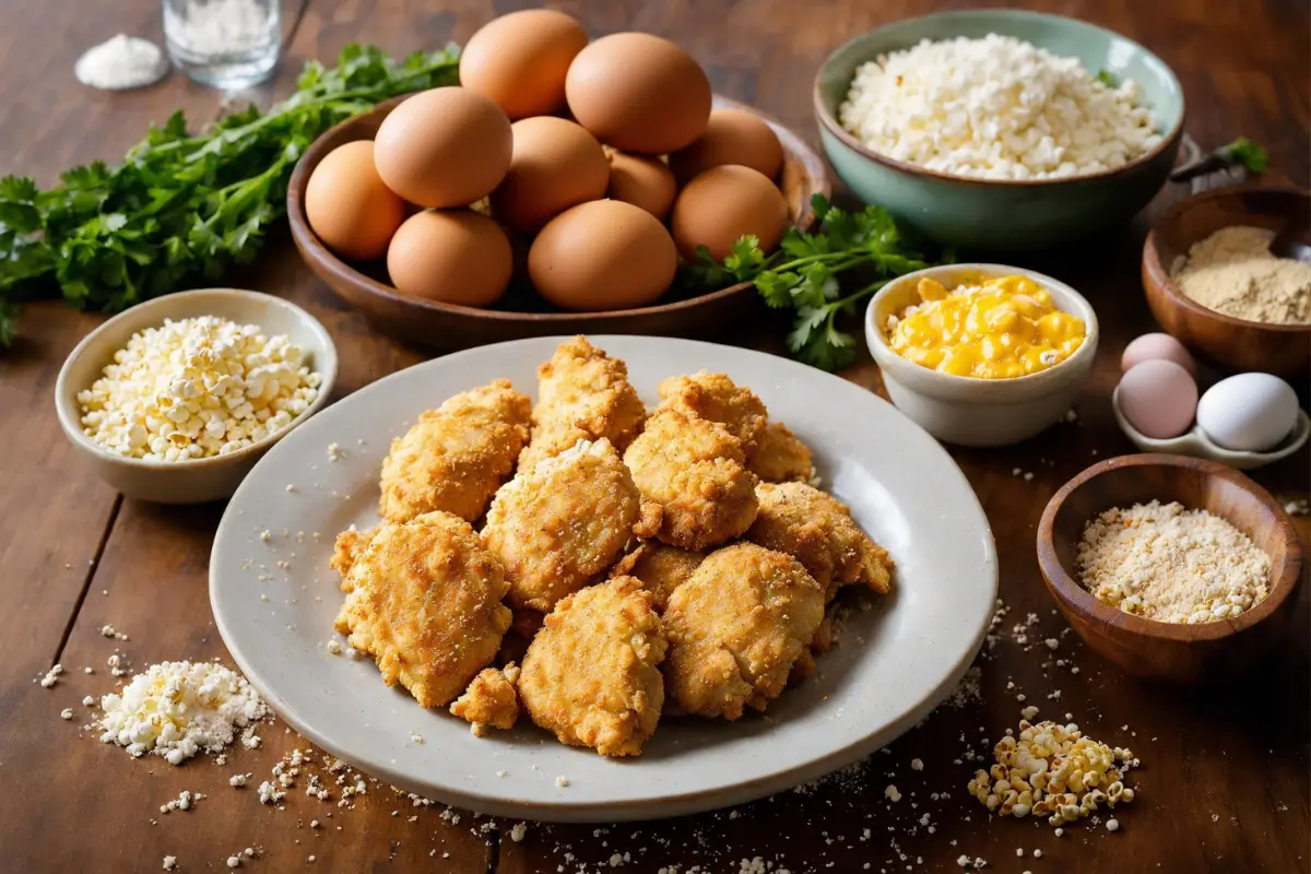 Ingredients for popcorn chicken - chicken, flour, eggs, breadcrumbs on kitchen counter.