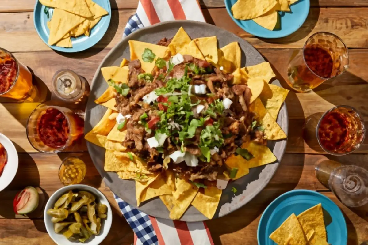 Carne Asada Nachos served on a festive table with Mexican-themed decorations.