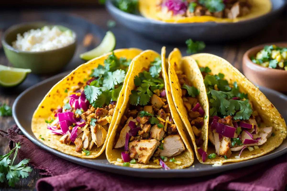 Freshly prepared Instant Pot chicken tacos with cilantro and lime on a rustic table.