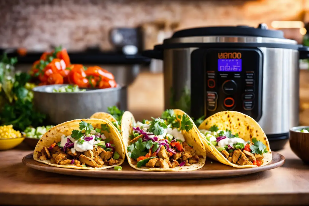 Person eating a chicken taco with an Instant Pot in the background.