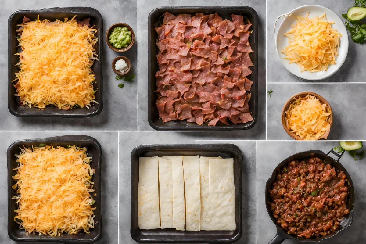 Sequential layers of tortilla chips, melted cheese, and grilled carne asada for nachos.