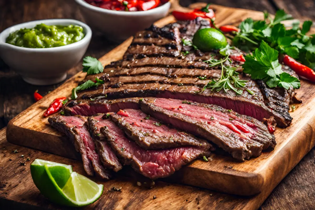 Grilled carne asada on wooden board with lime and chili, surrounded by herbs and grilling ingredients.