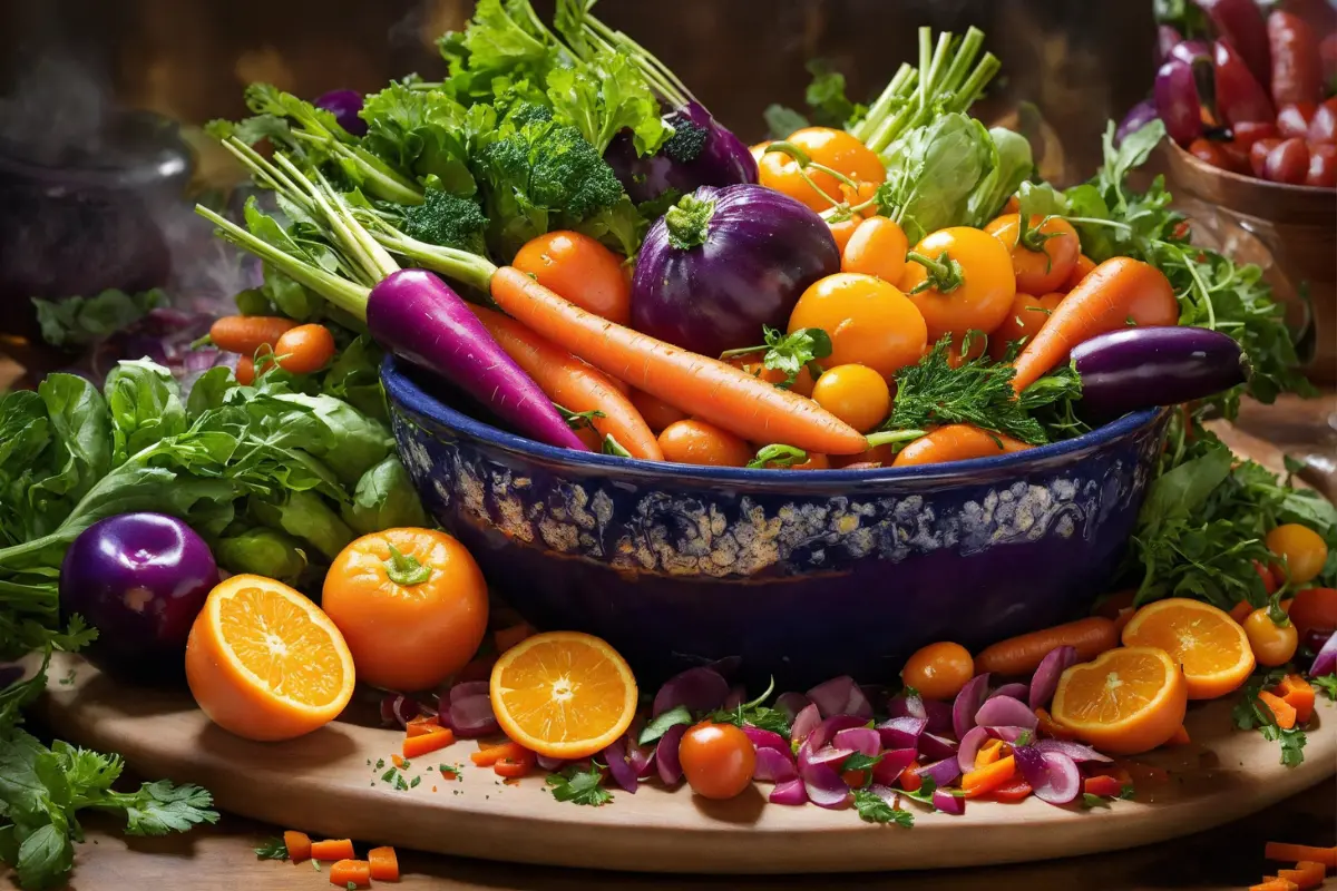 Assorted fresh vegetables and salads around a bowl of gnocchi.