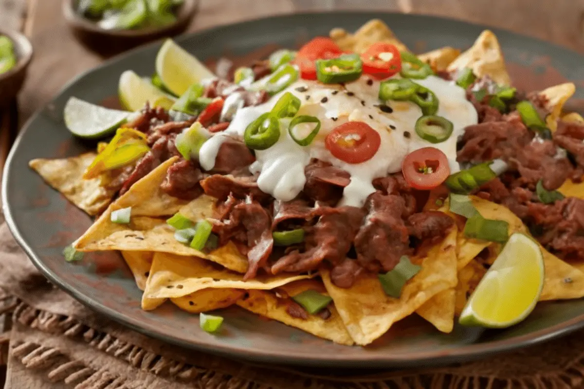 An inviting platter of Carne Asada Nachos, beautifully garnished and ready to be enjoyed. The image captures the dish's vibrant colors and rich textures, making it irresistible.