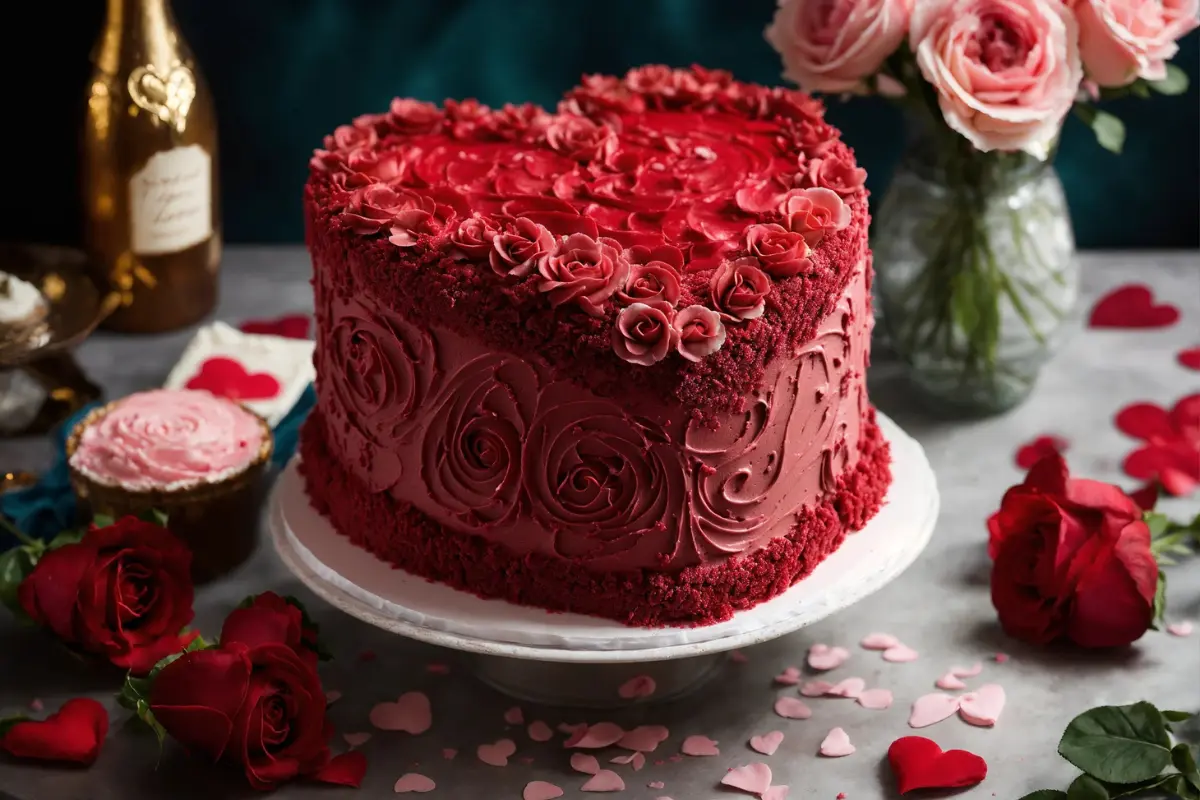 Elegant heart-shaped cake with intricate icing details on a romantic background.