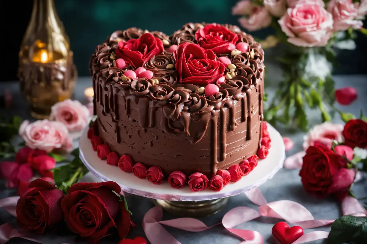 Elegant chocolate cake decorated with chocolate roses and red rose petals, accompanied by pink and red roses and a golden candle holder in the background.