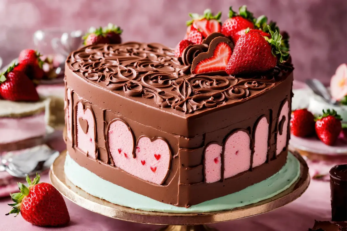 Multi-layered heart-shaped cake with intricate designs and various flavors.