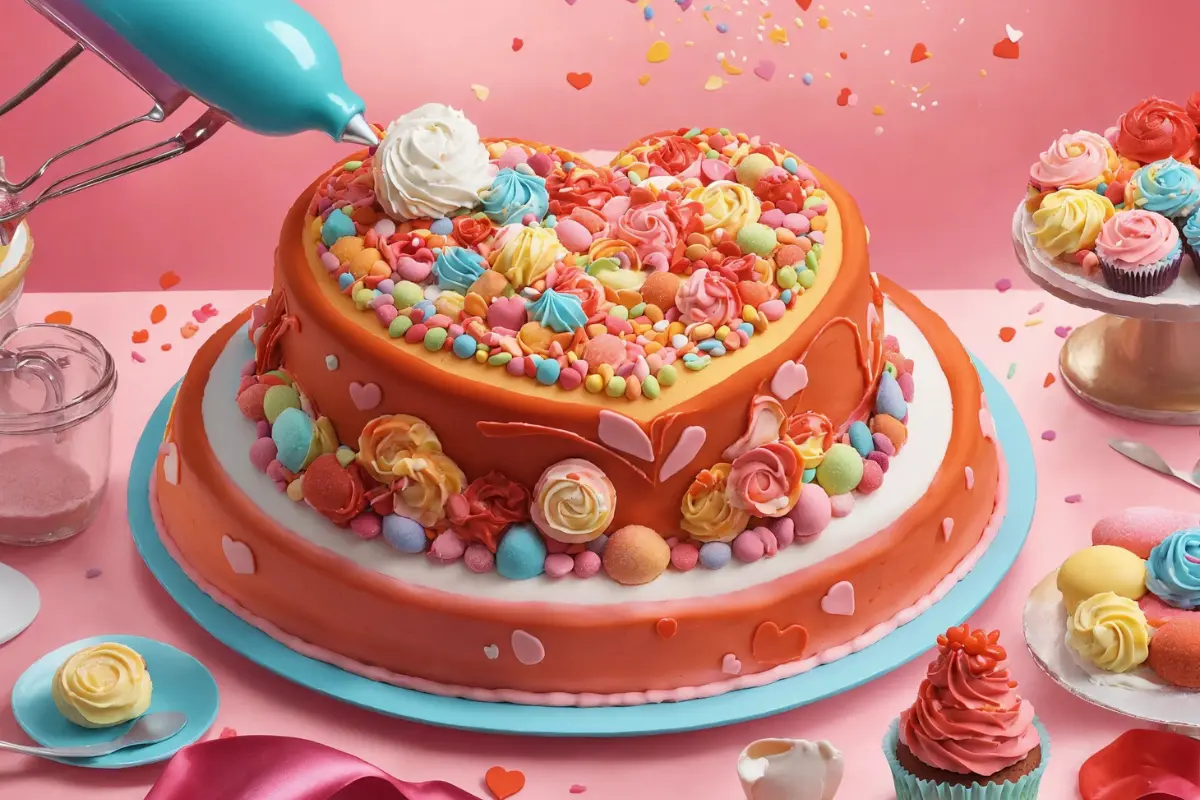 Decorating a heart-shaped cake with icing, using a piping bag for swirls and rosettes.