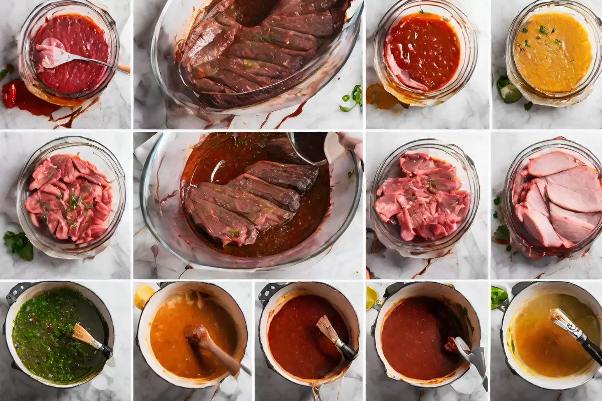 Marinating carne asada, with a bowl of rich marinade and a brush.