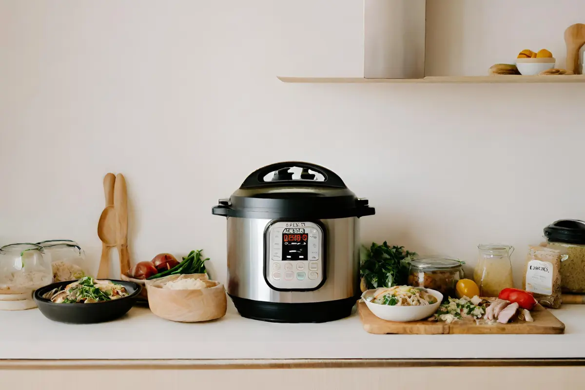 Kitchen scene with a meal freshly prepared using an Instant Pot.