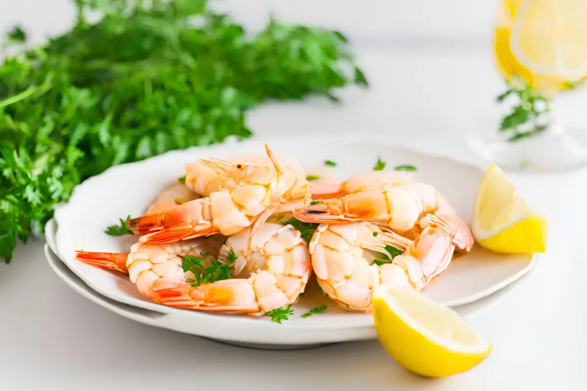 Plate of perfectly boiled shrimp with lemon and herbs, pot of boiling water in background.