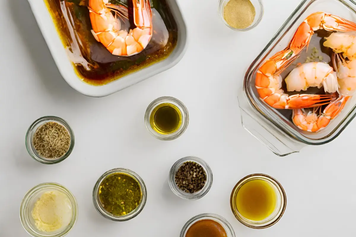 Array of marinades and seasonings next to fresh shrimp.